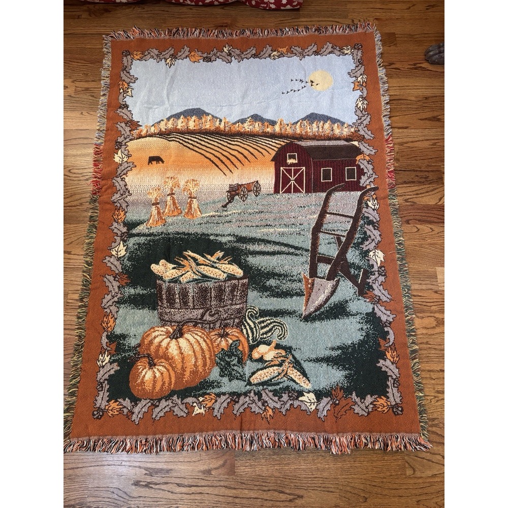 Vintage‎ Fall Harvest Woven Tapestry Throw Blanket Farm Scene Pumpkins Fringe